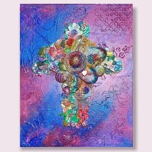 Original collage on canvas 11”x13” metallic acrylic floral cross